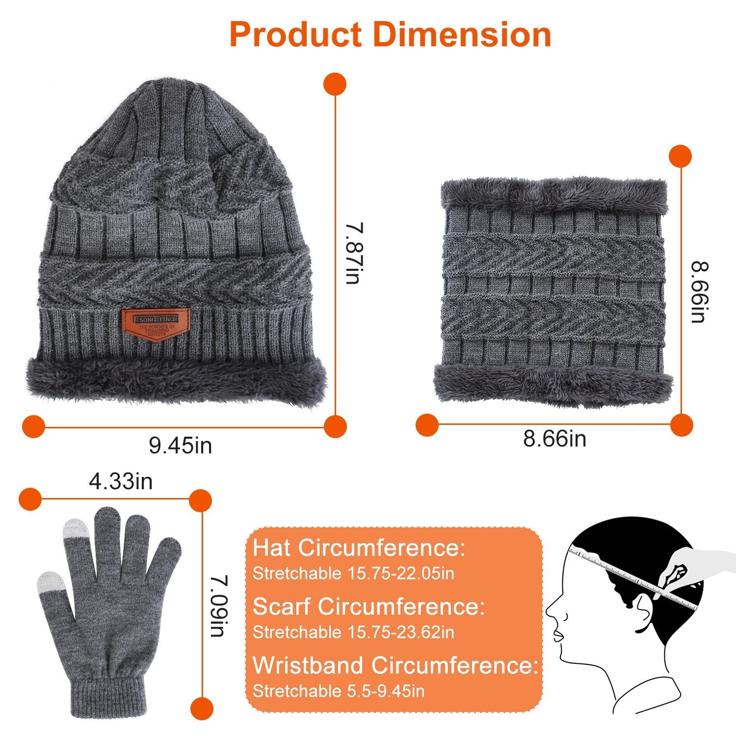 3Pcs Winter Knitted Hat Scarf Gloves Winter