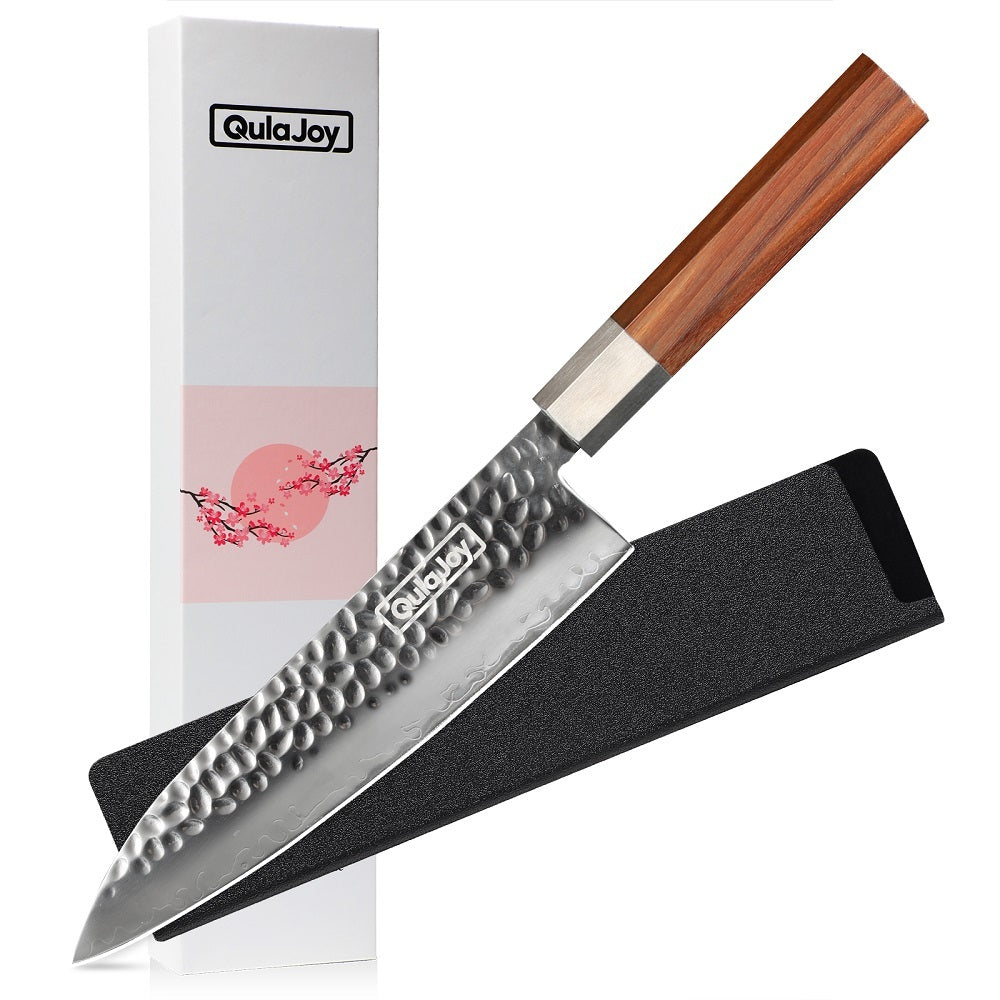Qulajoy Nakiri Knife 7 Inch - Hammered Japanese Vegetable Knife 9cr18mov Mirror Polishing Hand Forged Blade Kitchen Knife