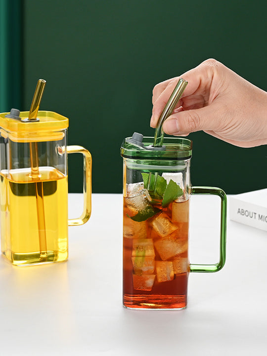 6 Pcs Glass Straw Cup, 6 Colors Square Glass Cup With Straw And Lid