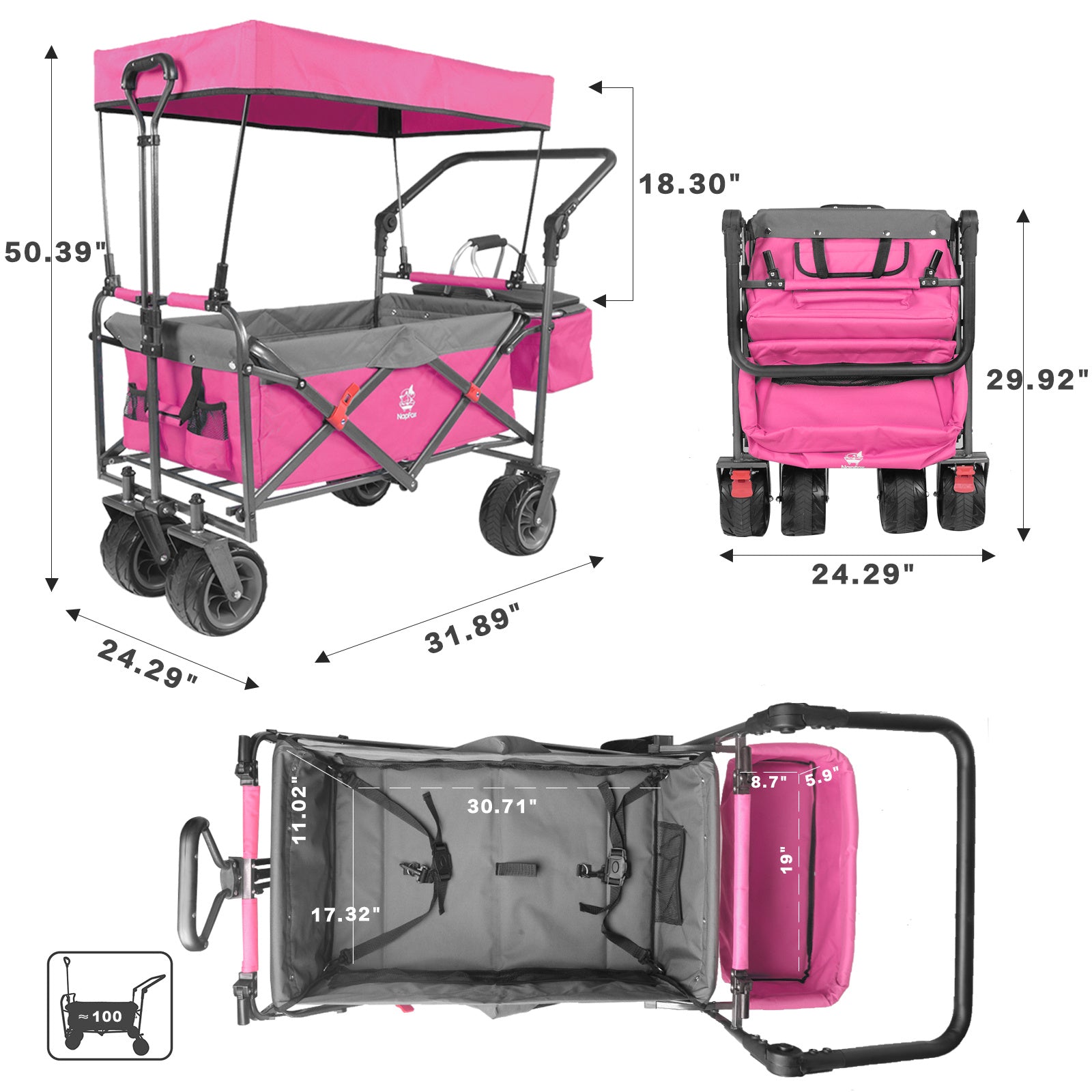 Collapsible Wagon 140L Wagons Carts Foldable with Removable Canopy