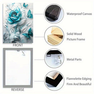 Elegant Turquoise Blue Crystal Rose & Teal Butterflies Canvas Wall Art With Wooden Frame