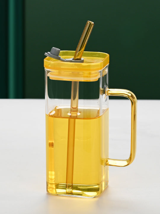 1 Pcs Pink Glass Straw Cup, 6 Colors Square Glass Cup With Straw And Lid