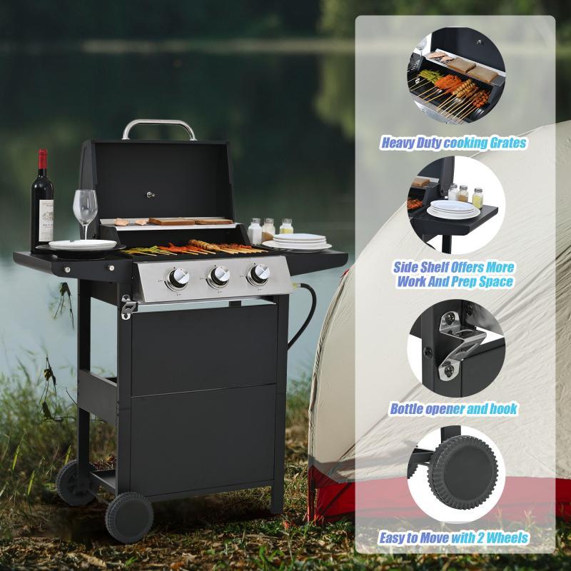 Propane Gas Three-burner Stainless Steel Grill With Double Shelves, Lid, Wheels And Bottle Opener