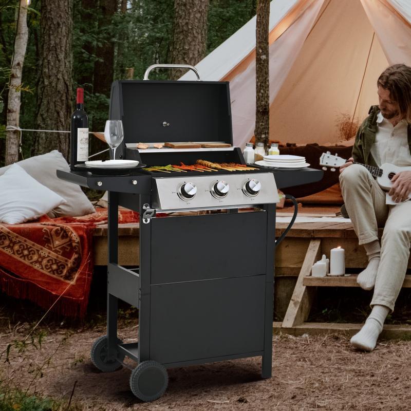 Propane Gas Three-burner Stainless Steel Grill With Double Shelves, Lid, Wheels And Bottle Opener