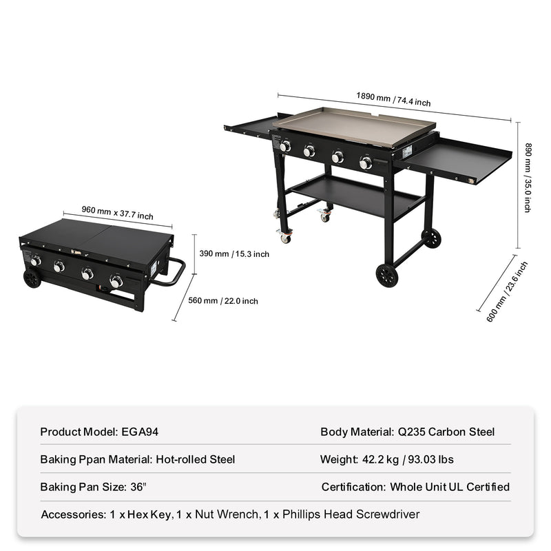 Commercial Griddle On Cart, 36' Heavy Duty Manual Flat Top Griddle