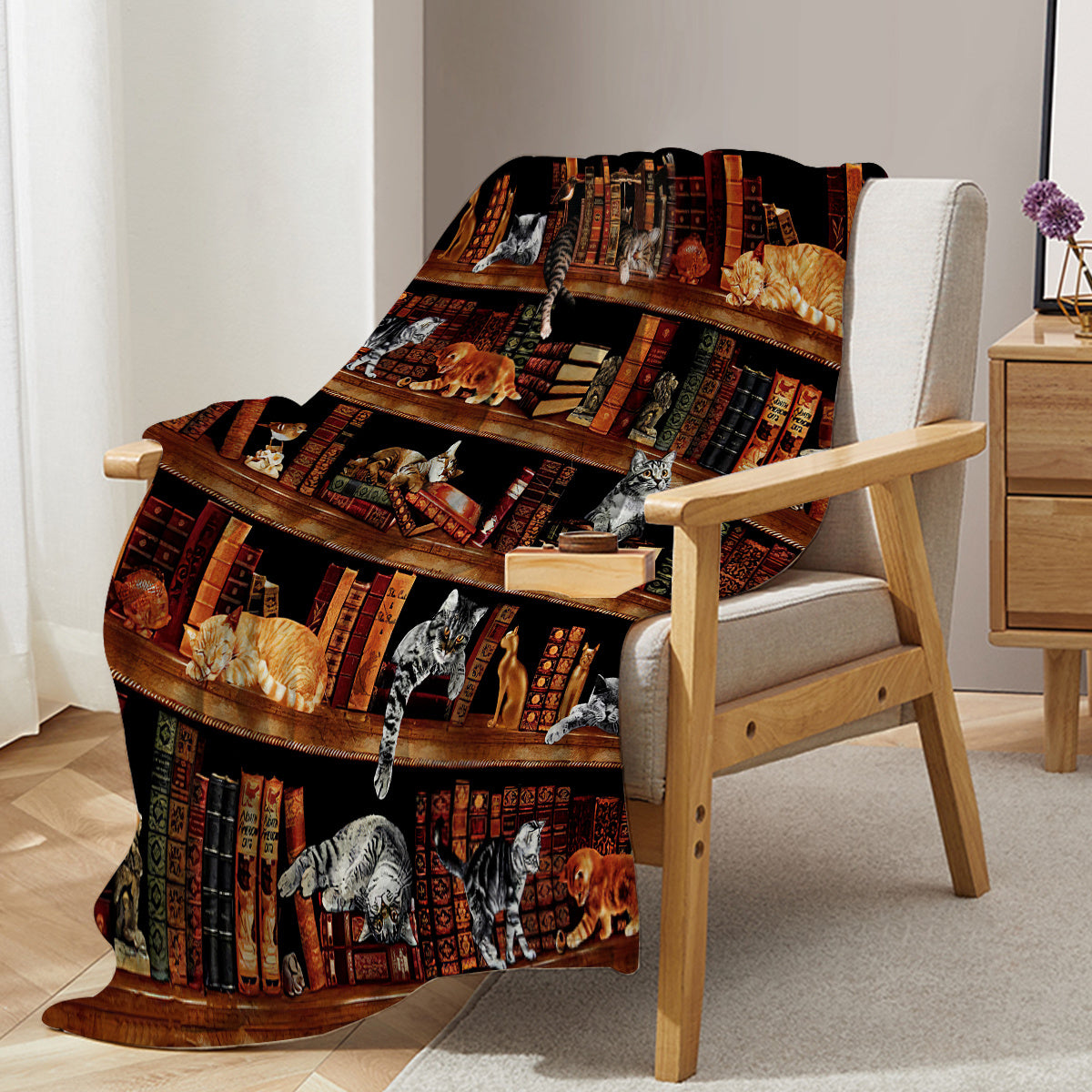 Vintage Kitten Flannel Blanket Cat In The Bookshelf Throw Blanket