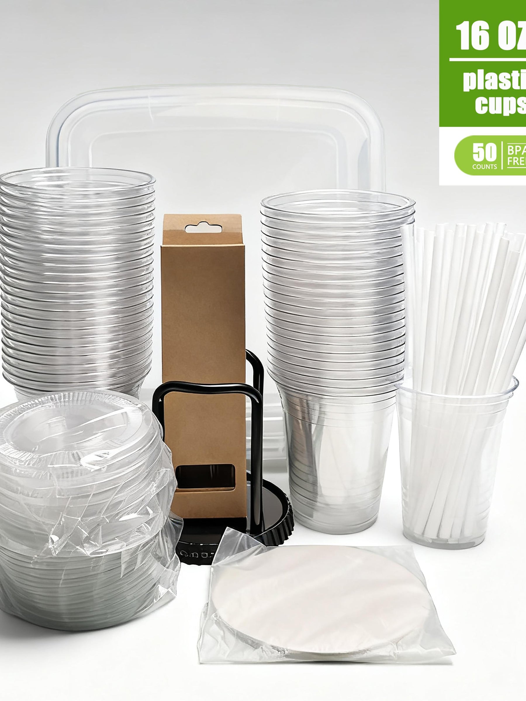 50Pack 16oz Disposable Cups COMPLETE KIT With Lids  Straws Includes 15Quart Storage