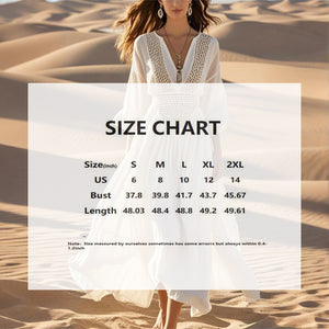 Women's Solid Color Deep V-Neck Long Sleeve Translucent Stitching Design Maxi Beach Bohemian Style Dress