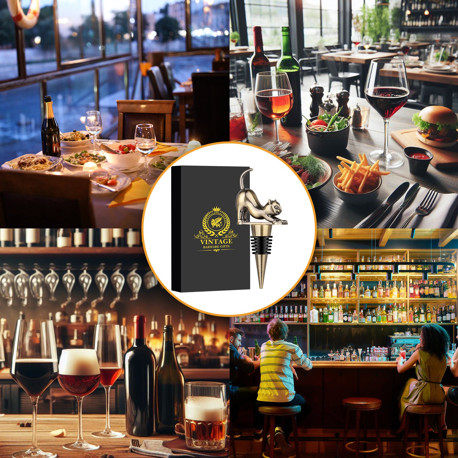 Elegant Upturned Cat Shaped Red Wine Stopper Set With Metallic Luster Bottle Stopper Gift Box