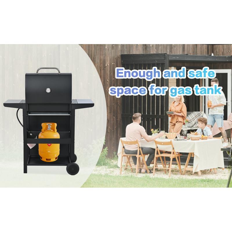 Propane Gas Three-burner Stainless Steel Grill With Double Shelves, Lid, Wheels And Bottle Opener