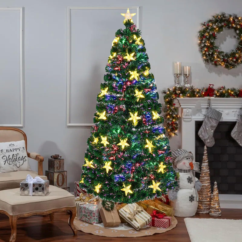 6FT Pre-lit Fiber Optic Christmas Tree With Large Stars, Artificial Chritsmas Tree