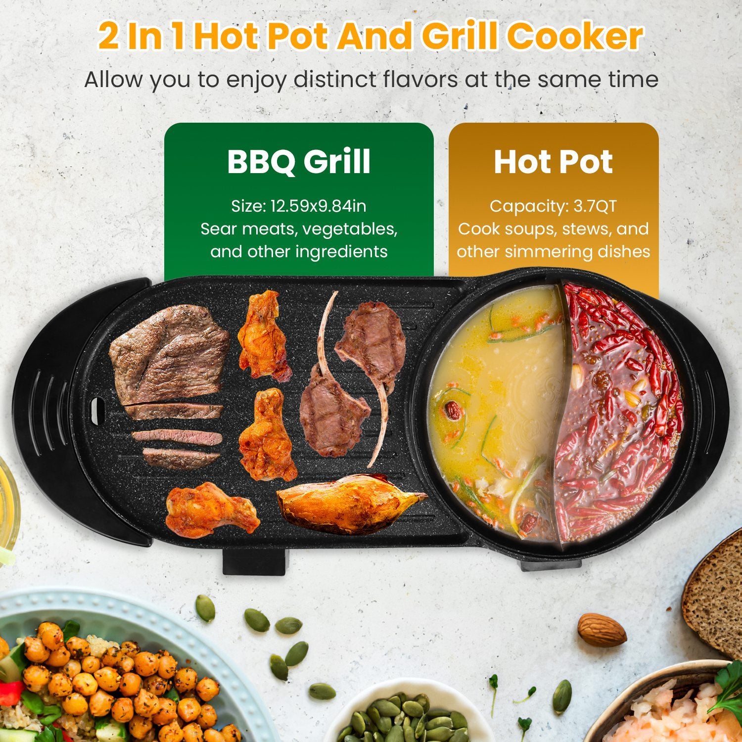 2200W  2 In 1 Electric Hot Pot With BBQ Grill Cooker
