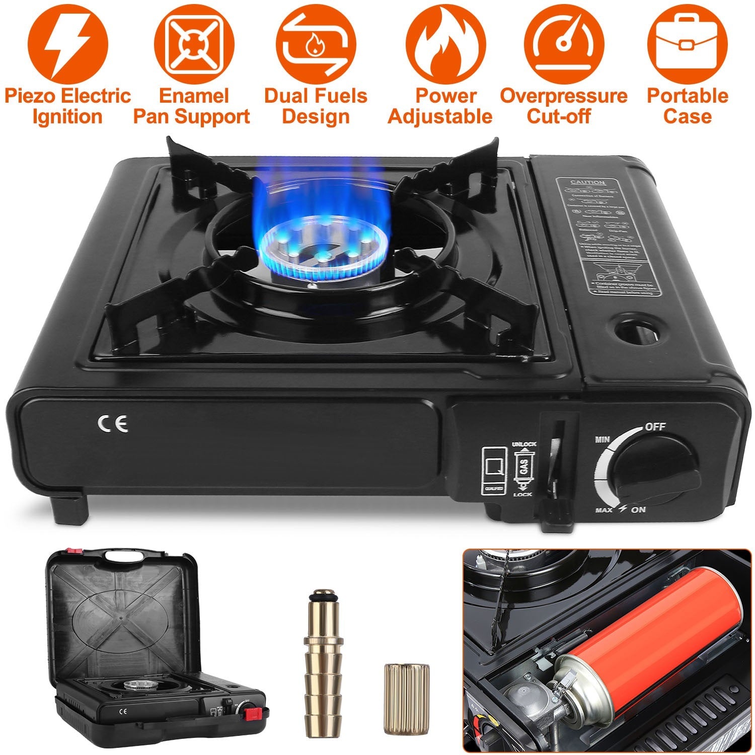 1Pc 3300W Portable Camping Stove Butane Canister Dual Fuel Burner Piezo Electric Ignition Single Burner