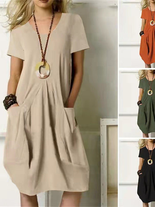 Cotton And Linen Solid Color Loose Round Neck Short Sleeve Dress