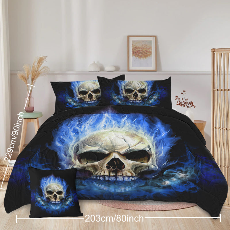 4 Piece Blue Fire Skull Comforter Set,