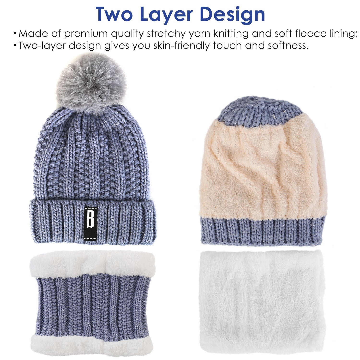 1Set Winter Beanie Hat Scarf Set Women Warm Knitting Skull Cap