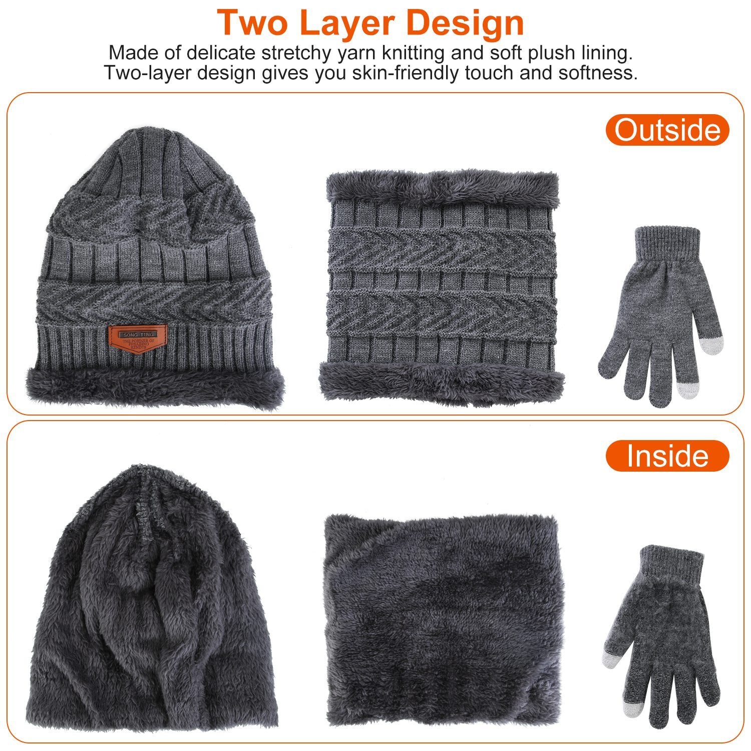 3Pcs Winter Knitted Hat Scarf Gloves Winter