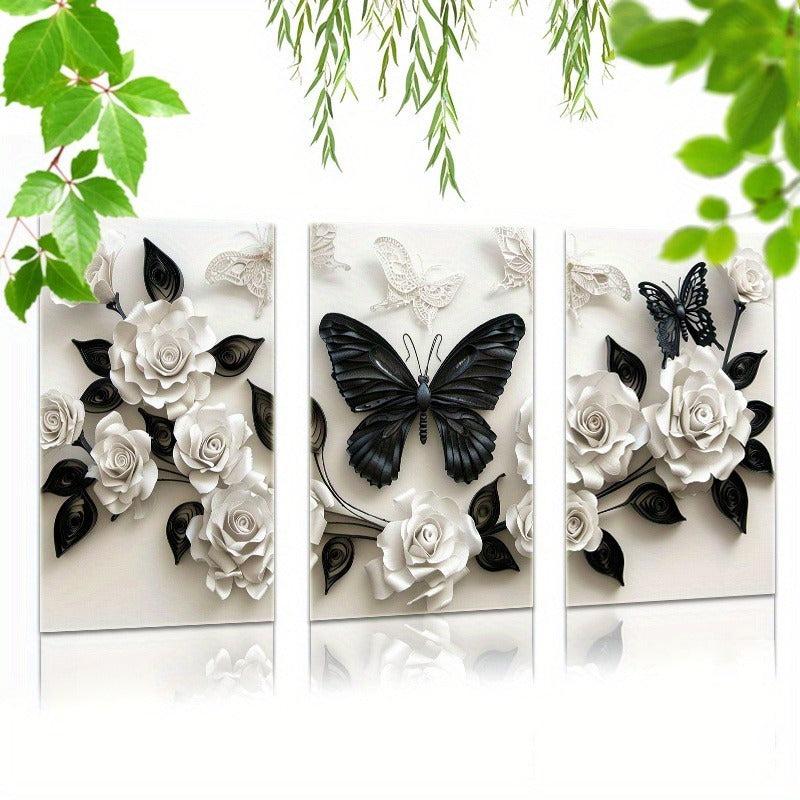 3 Pieces Set Of Framed Wall Art Canvas Prints Featuring A Black Butterfly And White Roses