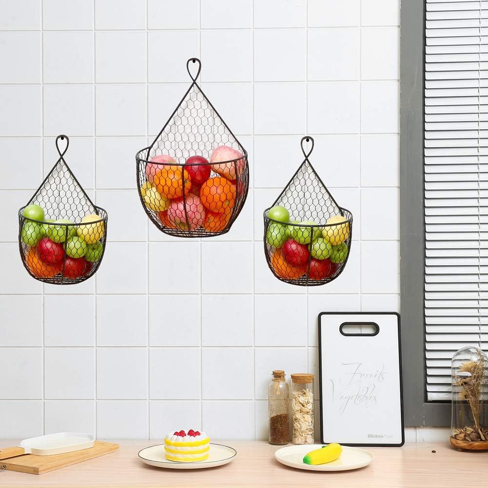 Set Of 3Metal Fruit And Vegetable Storage Hanging Basket Wall Mounted