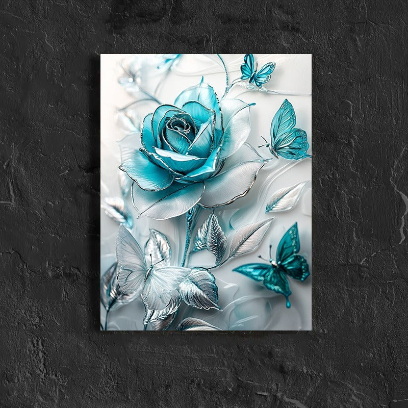 Elegant Turquoise Blue Crystal Rose & Teal Butterflies Canvas Wall Art With Wooden Frame