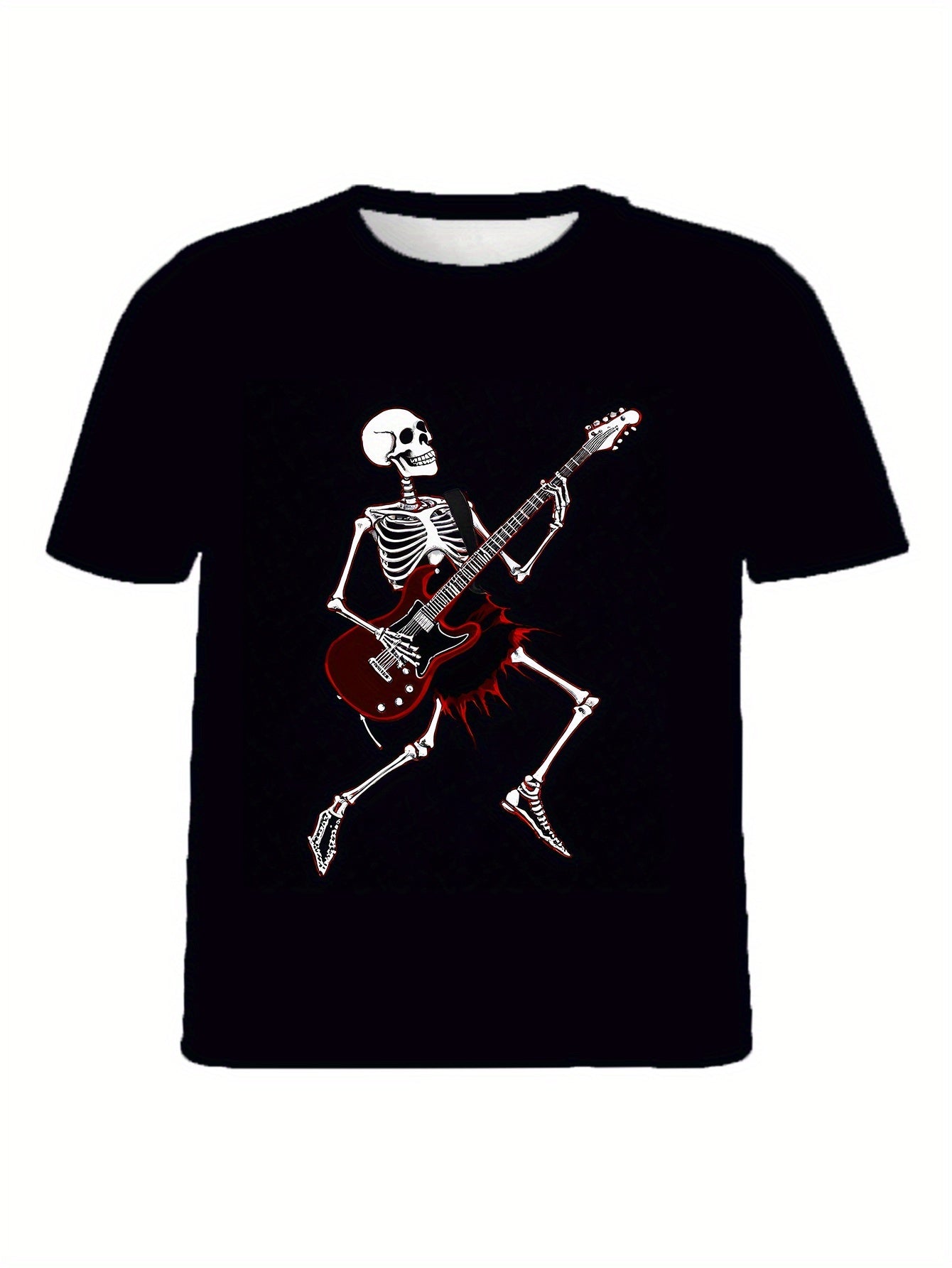 Men's Skull Guitar Patterned Round Neck T-shirt