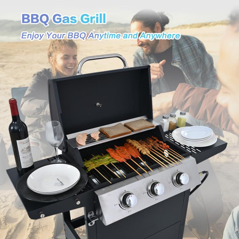 Propane Gas Three-burner Stainless Steel Grill With Double Shelves, Lid, Wheels And Bottle Opener