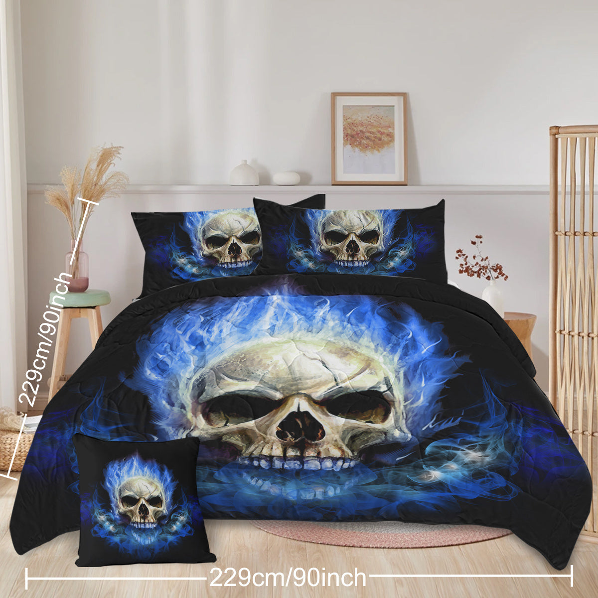 4 Piece Blue Fire Skull Comforter Set,