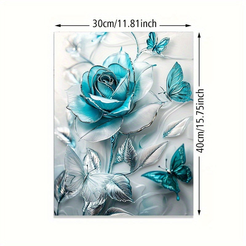 Elegant Turquoise Blue Crystal Rose & Teal Butterflies Canvas Wall Art With Wooden Frame