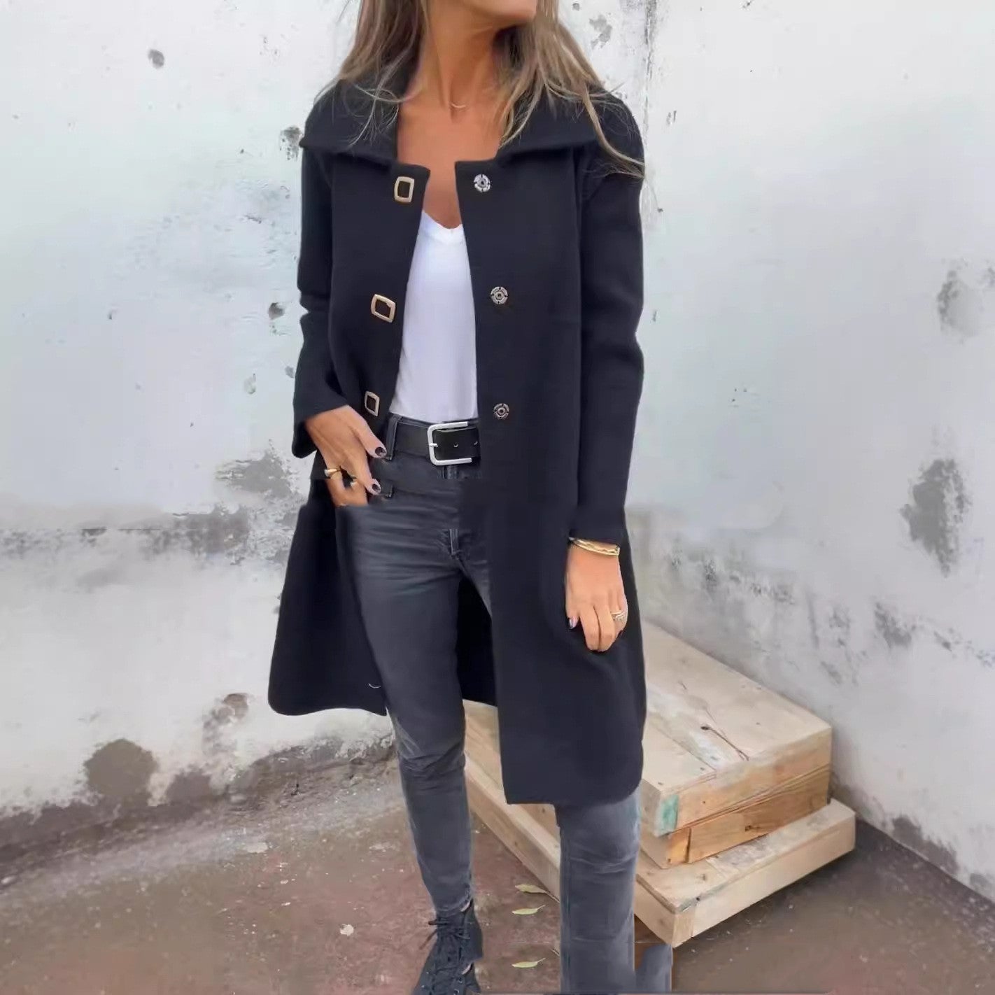 Autumn And Winter Women's Single Row Solid Color Mid-length Wool Woolen Jacket