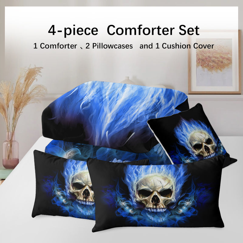 4 Piece Blue Fire Skull Comforter Set,
